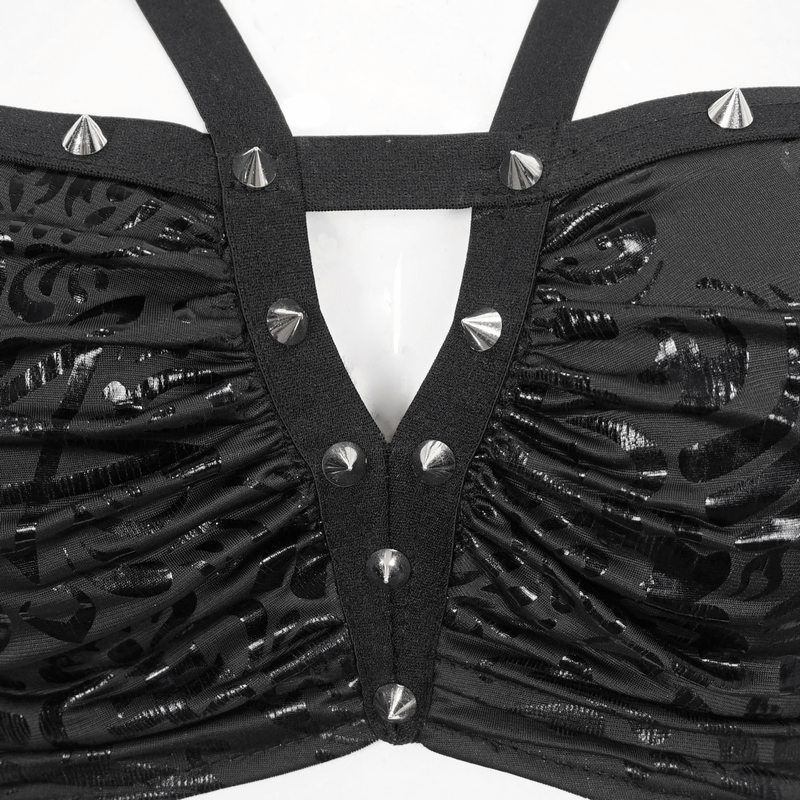 Gothic Floral Print Irregular Splice Swimsuit / Studded Swimwear With Star-Shaped Straps