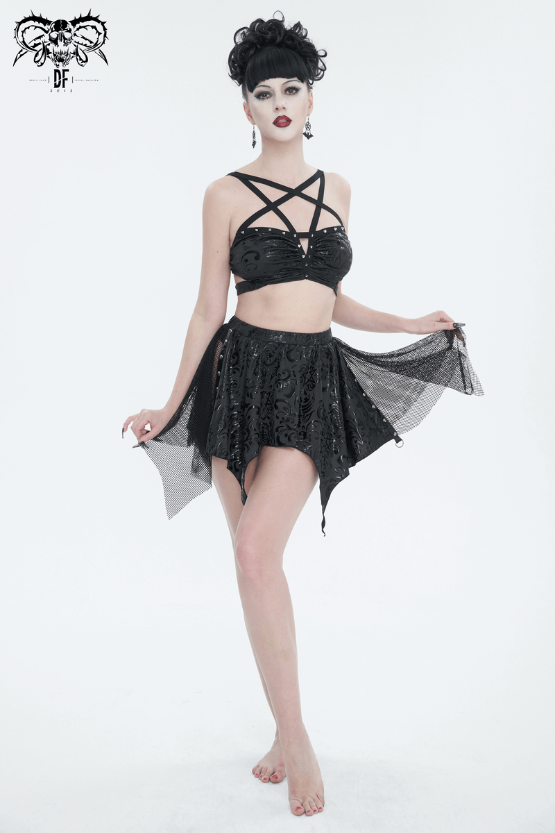Gothic Floral Print Irregular Splice Swimsuit / Studded Swimwear With Star-Shaped Straps