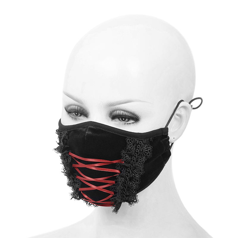 Gothic Floral Velvet Mask / Black Mask with Red Ribbon and Elastic Rubber / Unisex Accesories