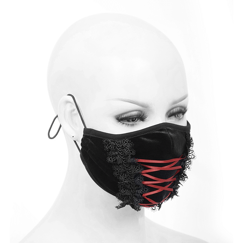 Gothic Floral Velvet Mask / Black Mask with Red Ribbon and Elastic Rubber / Unisex Accesories
