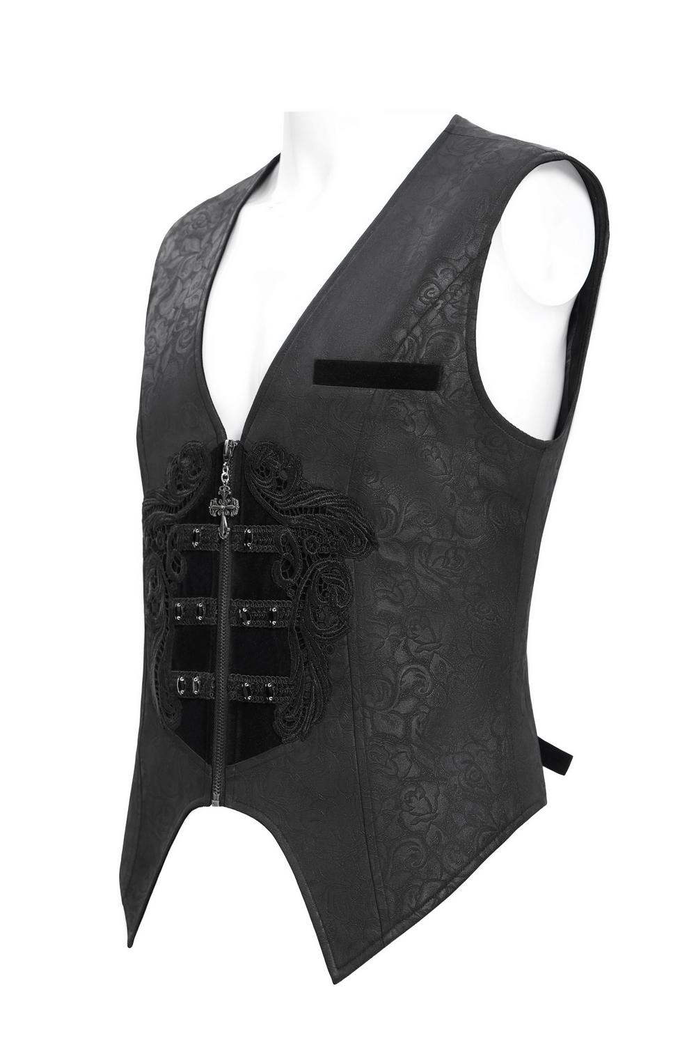 Gothic Floral Waistcoat with Velvet Straps and Cross Detail