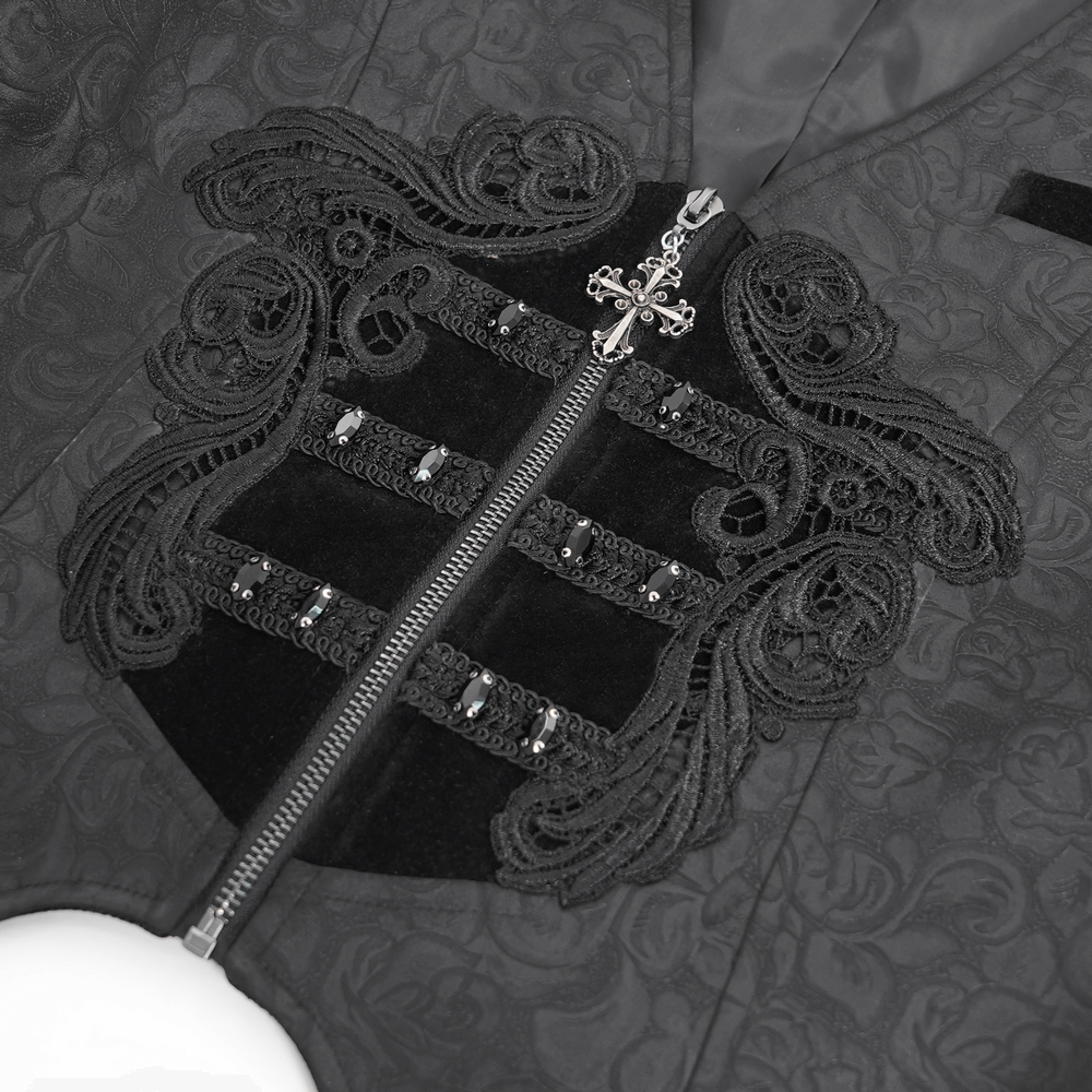 Gothic Floral Waistcoat with Velvet Straps and Cross Detail