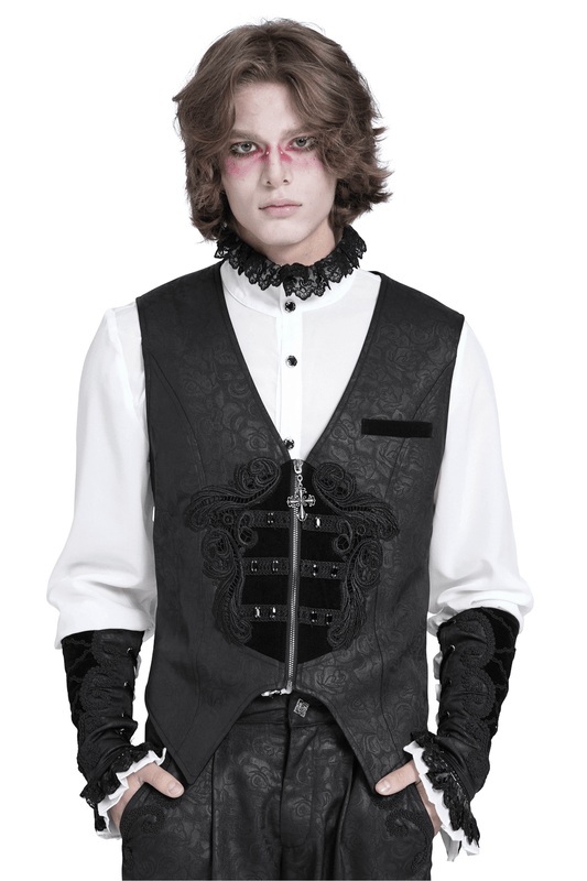 Gothic Floral Waistcoat with Velvet Straps and Cross Detail