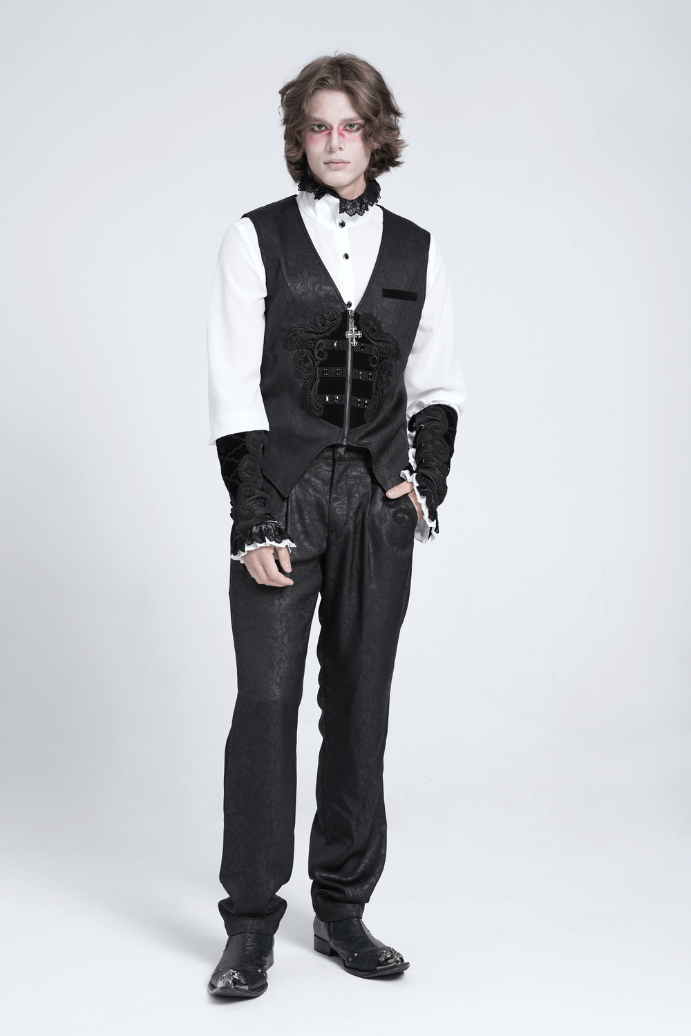 Gothic Floral Waistcoat with Velvet Straps and Cross Detail