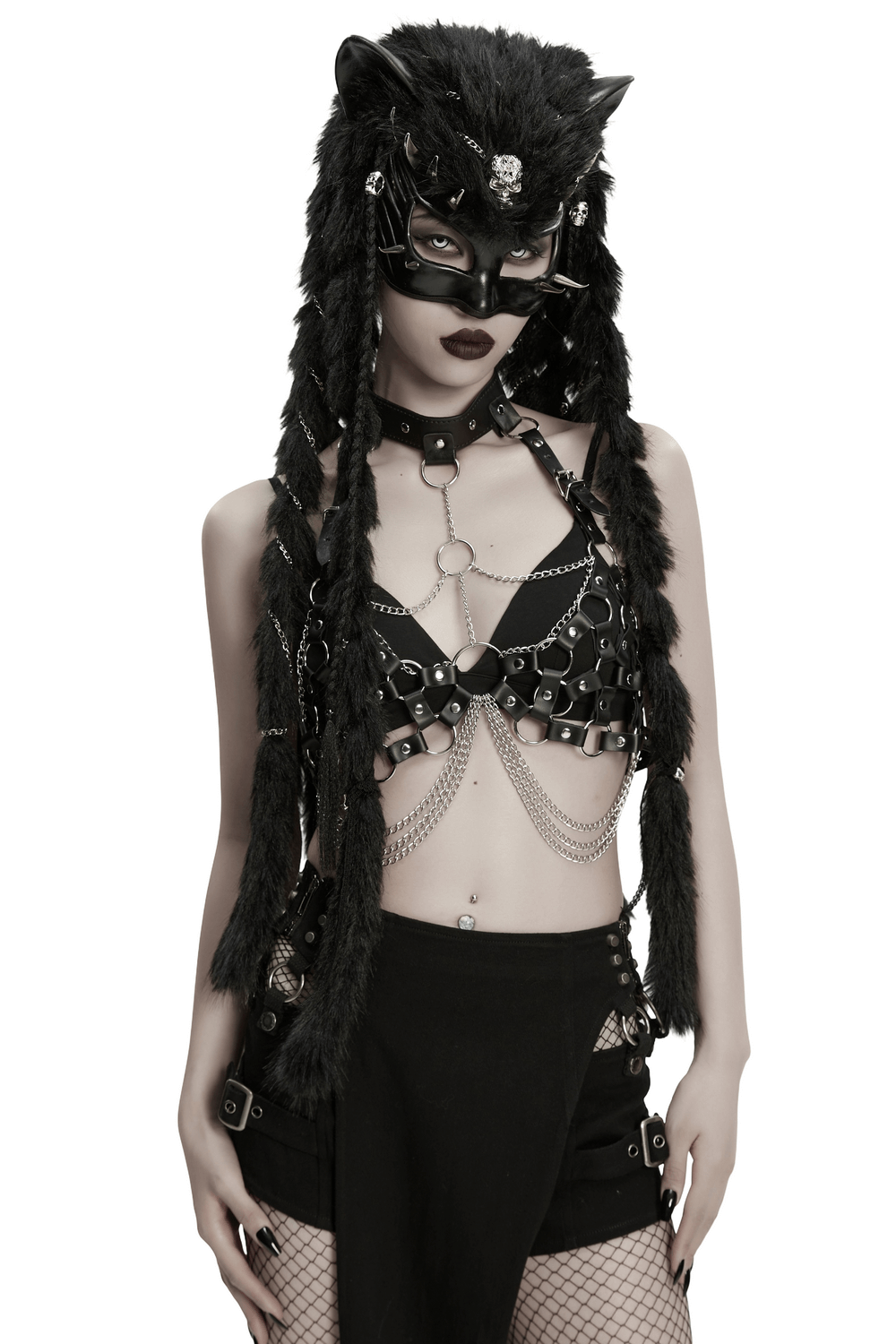 Gothic Fox Mask Hood with Braided Plush and Rivets