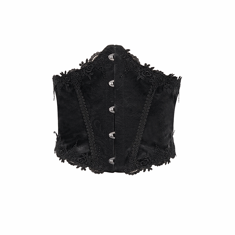 Gothic Front Busk Floral Lace Corset Girdle / Women's Leather Belt With Back Lacing