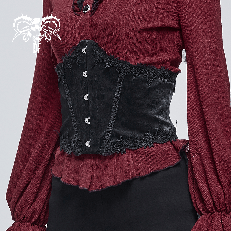 Gothic Front Busk Floral Lace Corset Girdle / Women's Leather Belt With Back Lacing