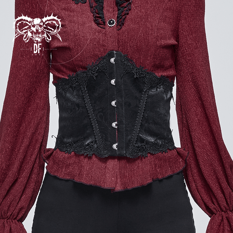 Gothic Front Busk Floral Lace Corset Girdle / Women's Leather Belt With Back Lacing