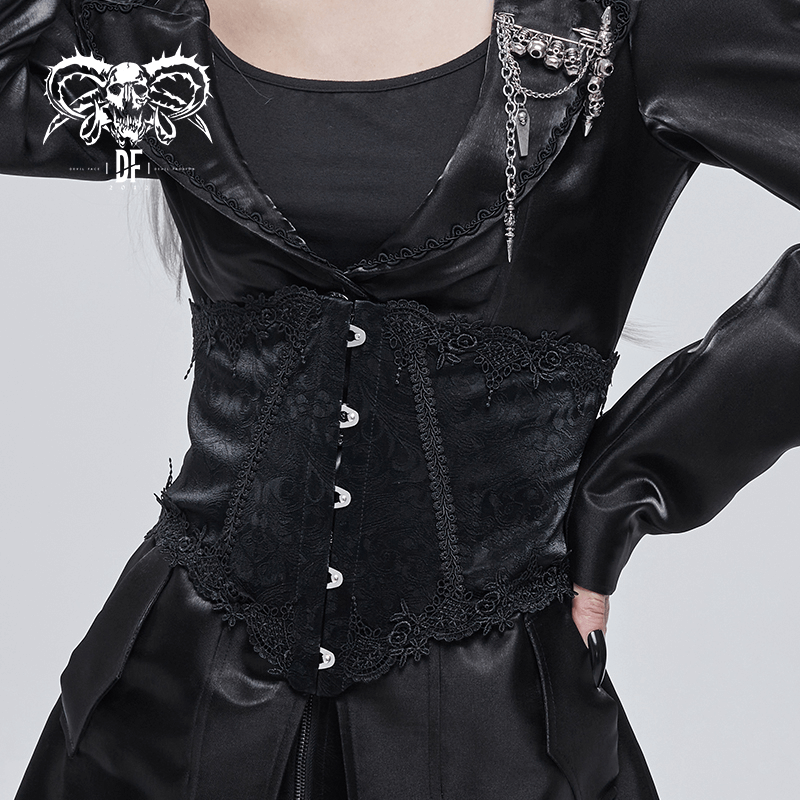 Gothic Front Busk Floral Lace Corset Girdle / Women's Leather Belt With Back Lacing