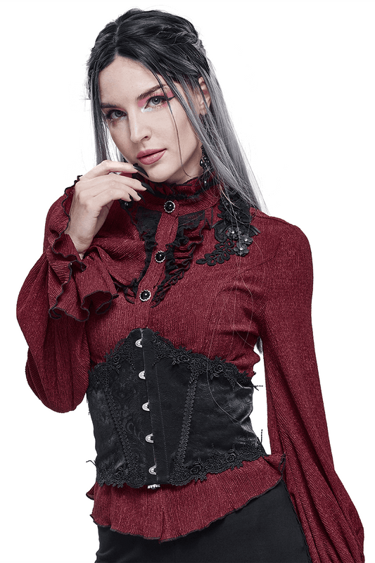 Gothic Front Busk Floral Lace Corset Girdle / Women's Leather Belt With Back Lacing