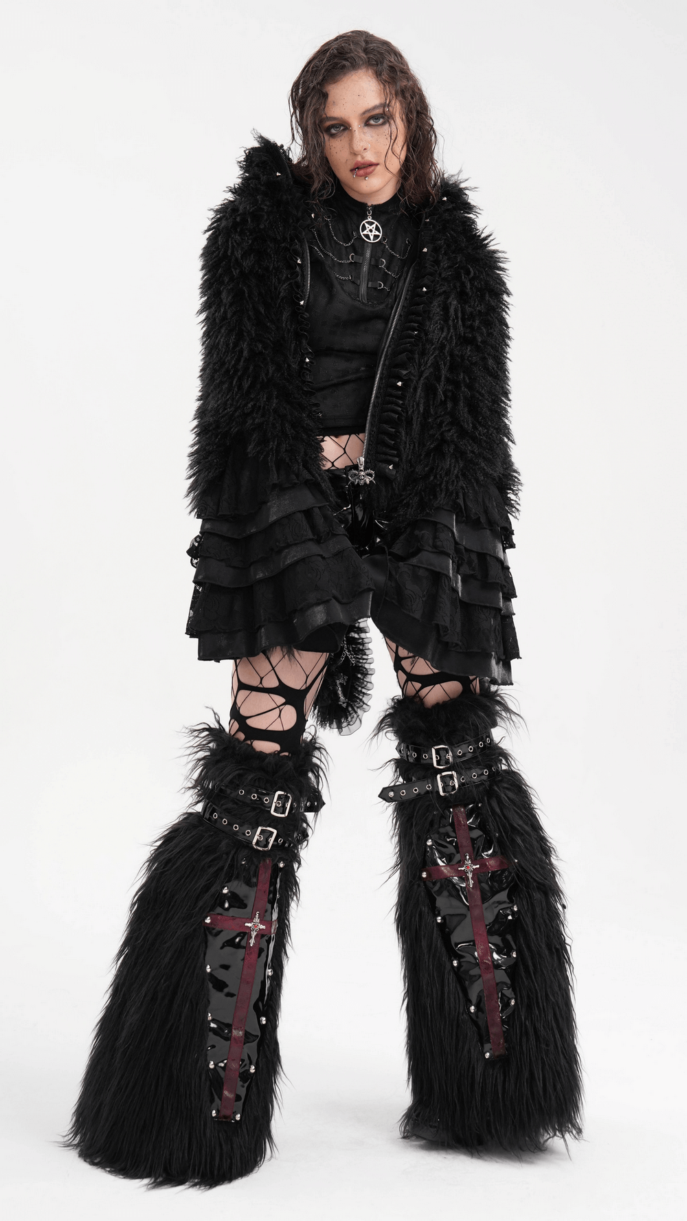 Gothic Furry Leg Warmers with Cross Details and Studs