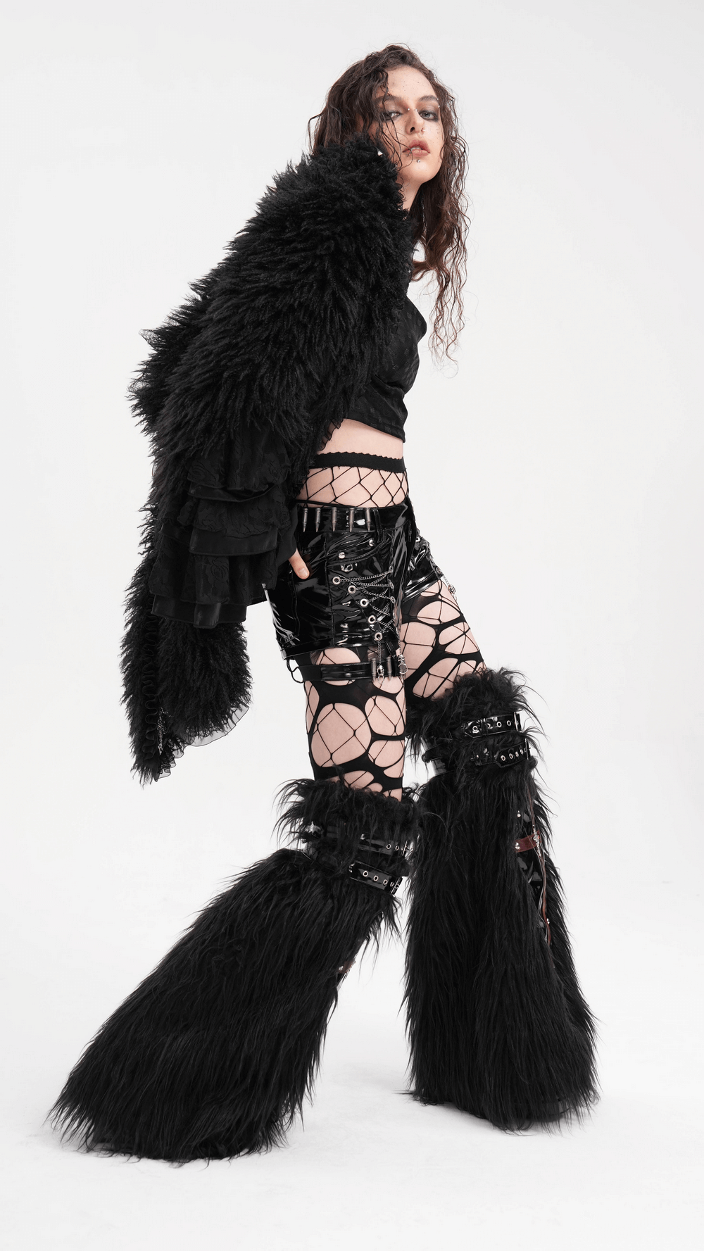 Gothic Furry Leg Warmers with Cross Details and Studs