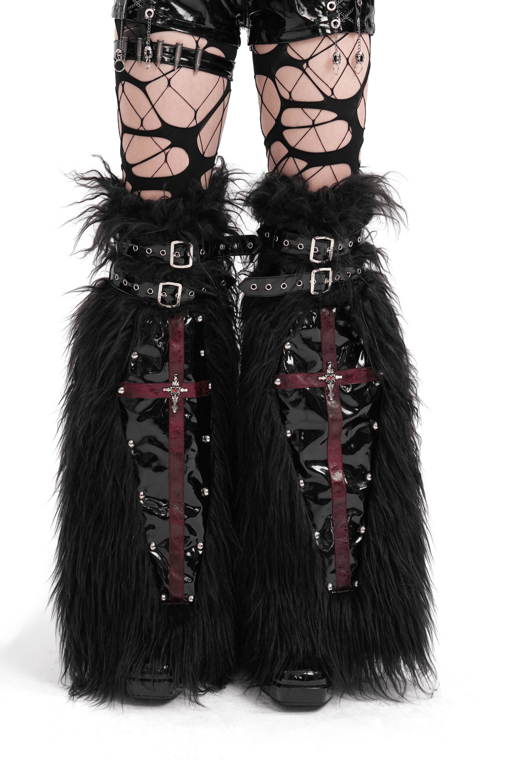 Gothic Furry Leg Warmers with Cross Details and Studs