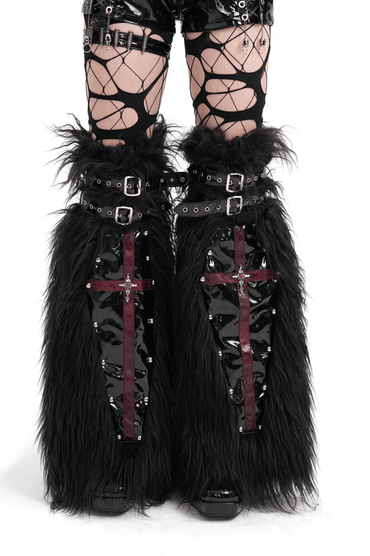 Gothic Furry Leg Warmers with Cross Details and Studs