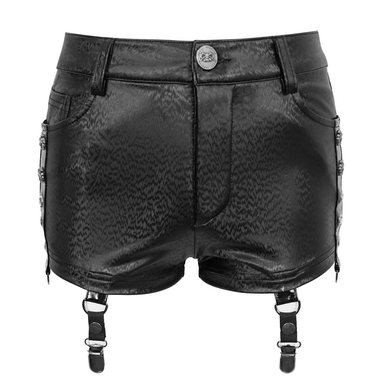 Gothic Garter Belt Shorts with Detachable Mesh Socks / Female Black PU Leather Shorts
