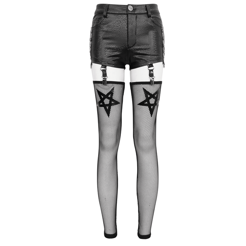 Gothic Garter Belt Shorts with Detachable Mesh Socks / Female Black PU Leather Shorts