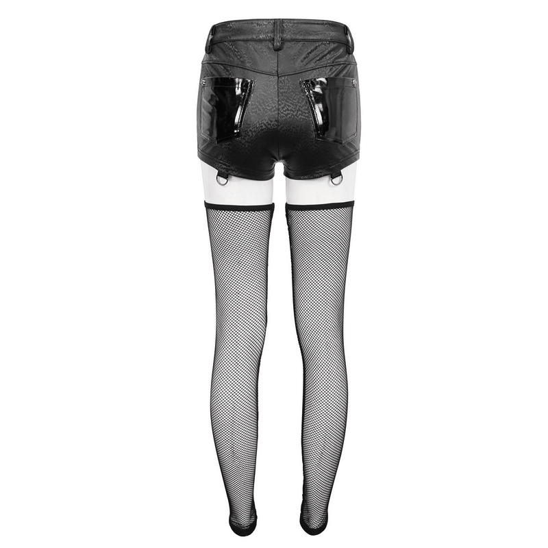 Gothic Garter Belt Shorts with Detachable Mesh Socks / Female Black PU Leather Shorts
