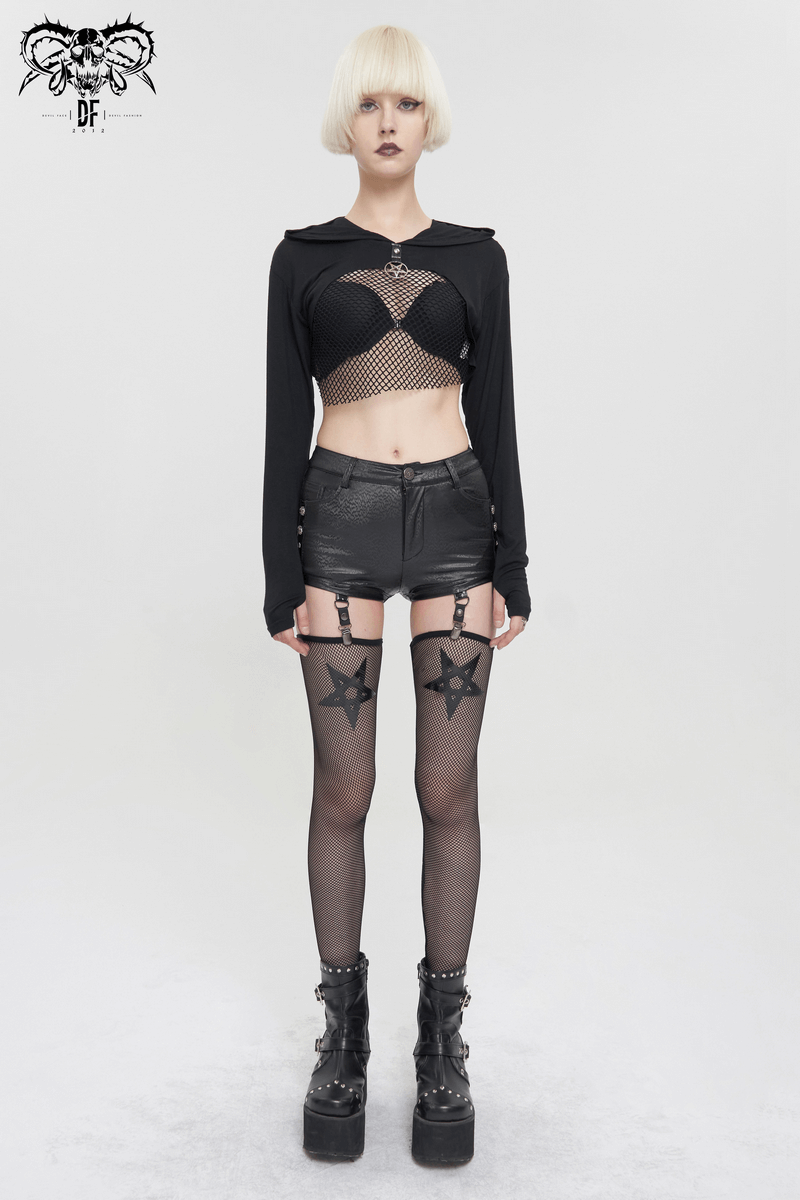 Gothic Garter Belt Shorts with Detachable Mesh Socks / Female Black PU Leather Shorts