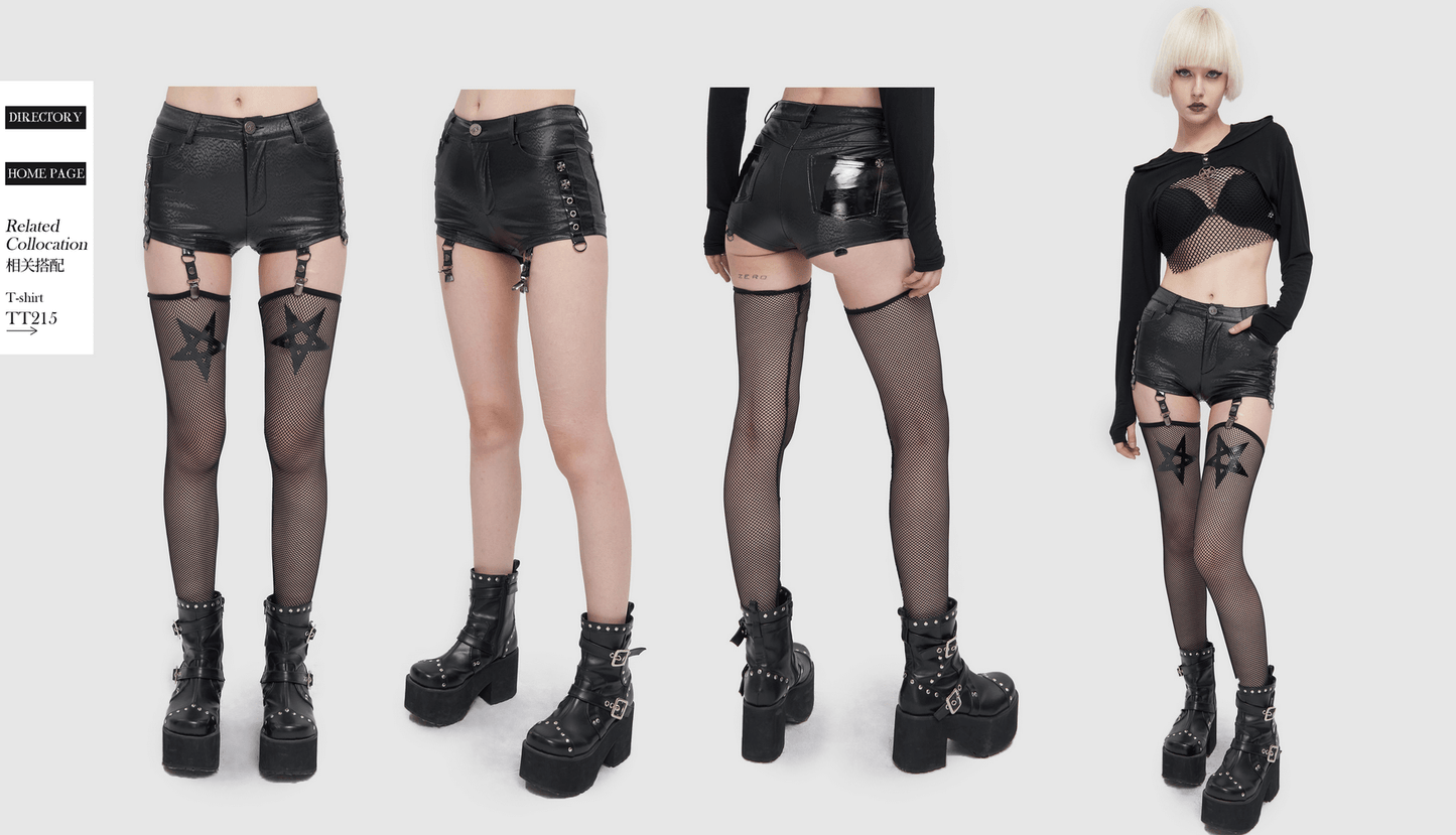 Gothic Garter Belt Shorts with Detachable Mesh Socks / Female Black PU Leather Shorts