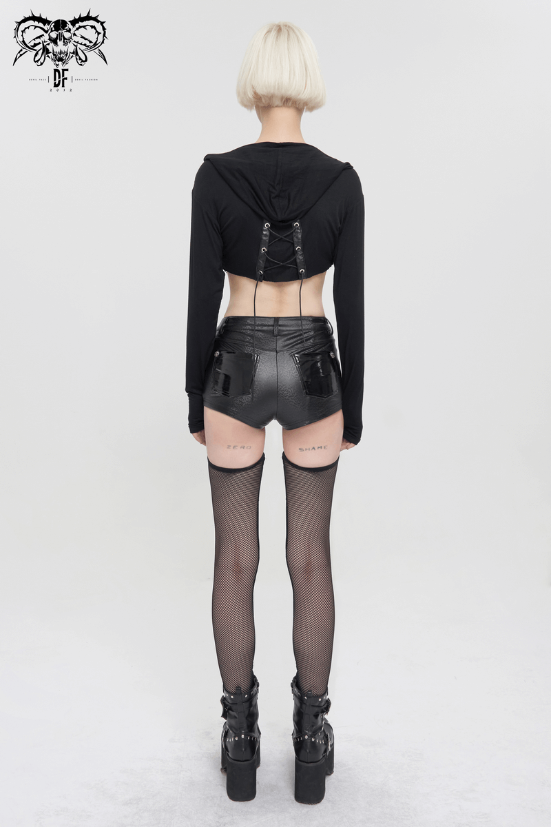 Gothic Garter Belt Shorts with Detachable Mesh Socks / Female Black PU Leather Shorts