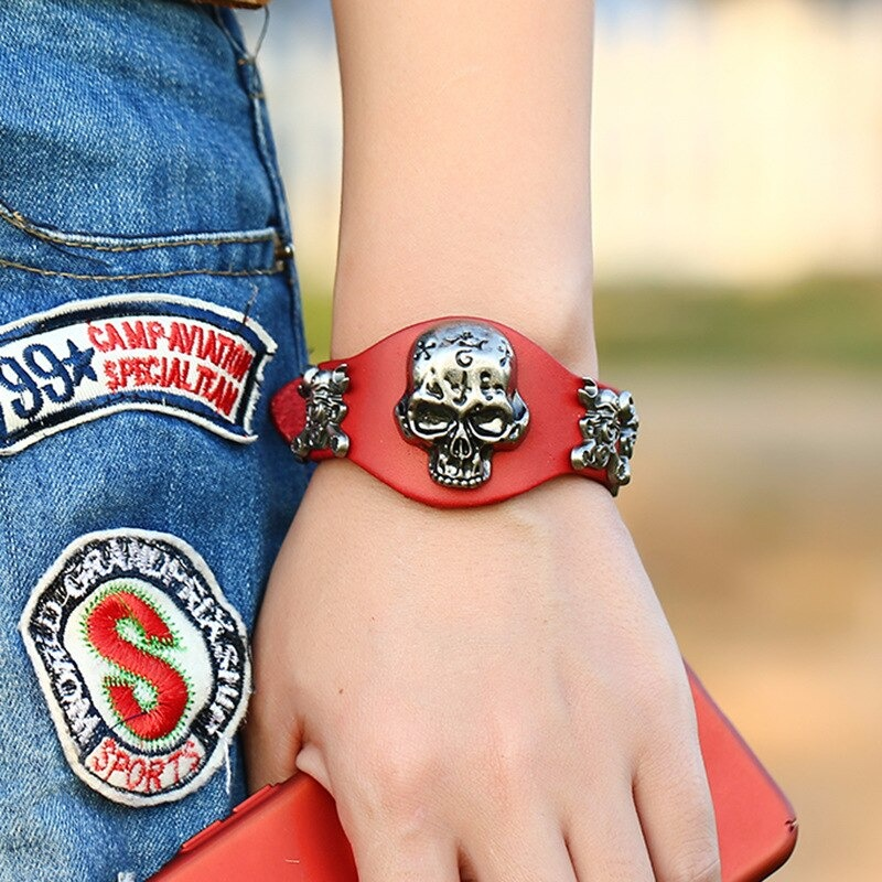 Gothic Genuine Leather Belt Buckle Bracelet for Women and Men / Unisex Bracelets with Skull