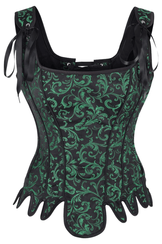 Gothic Green Brocade Overbust Corset with Lace-Up Back