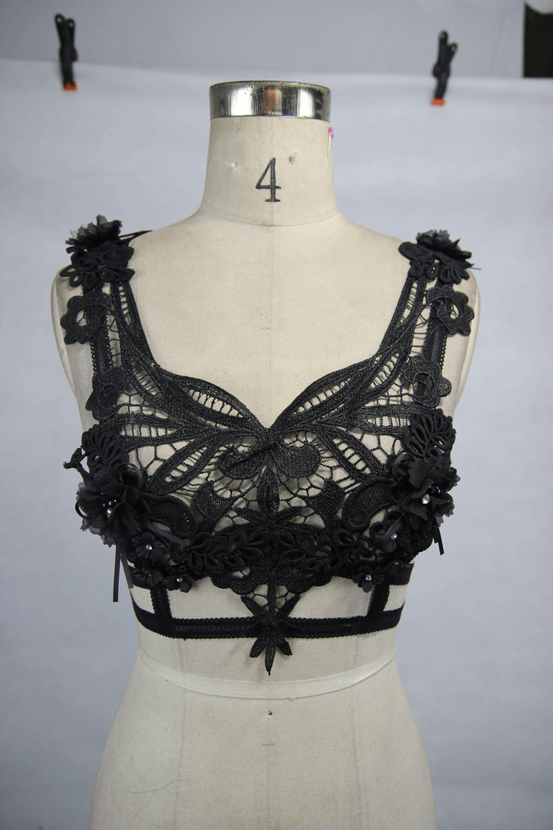 Gothic Guipure Top With Detachable Feathers / Women's Black Top With Straps Back