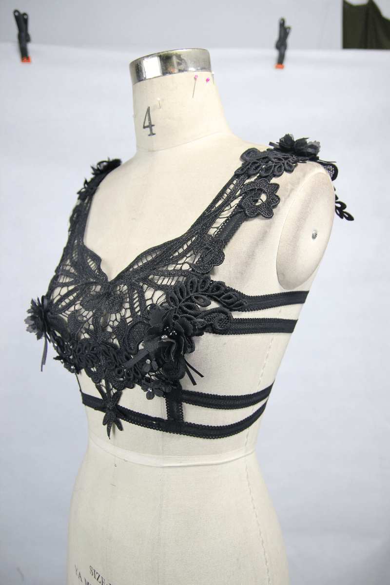 Gothic Guipure Top With Detachable Feathers / Women's Black Top With Straps Back