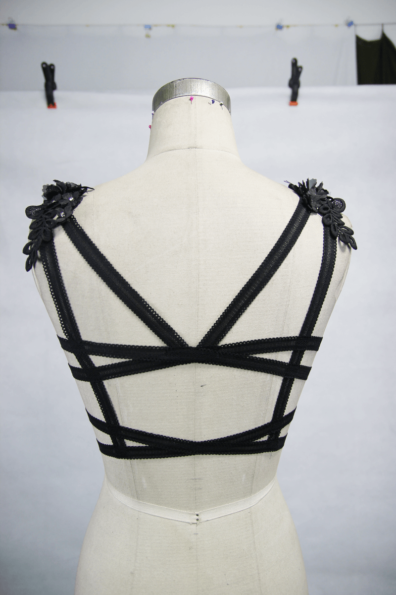 Gothic Guipure Top With Detachable Feathers / Women's Black Top With Straps Back