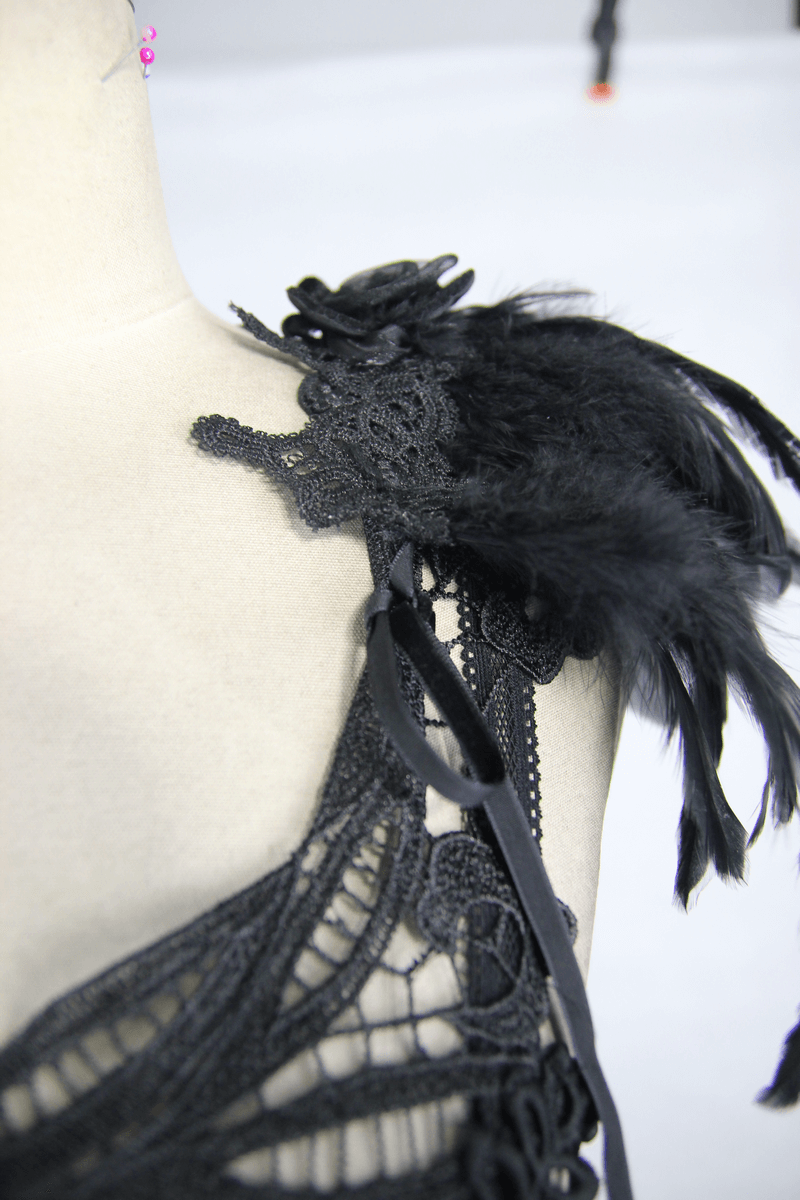 Gothic Guipure Top With Detachable Feathers / Women's Black Top With Straps Back