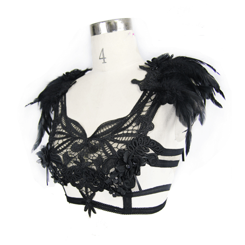 Gothic Guipure Top With Detachable Feathers / Women's Black Top With Straps Back