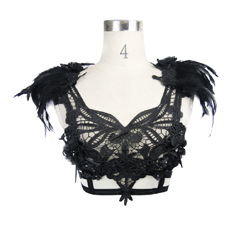 Gothic Guipure Top With Detachable Feathers / Women's Black Top With Straps Back