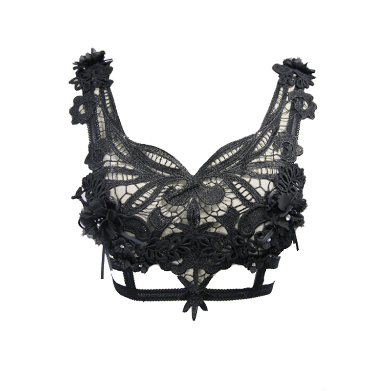 Gothic Guipure Top With Detachable Feathers / Women's Black Top With Straps Back