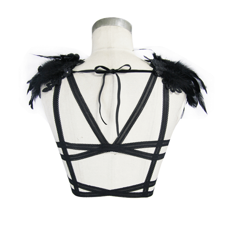 Gothic Guipure Top With Detachable Feathers / Women's Black Top With Straps Back