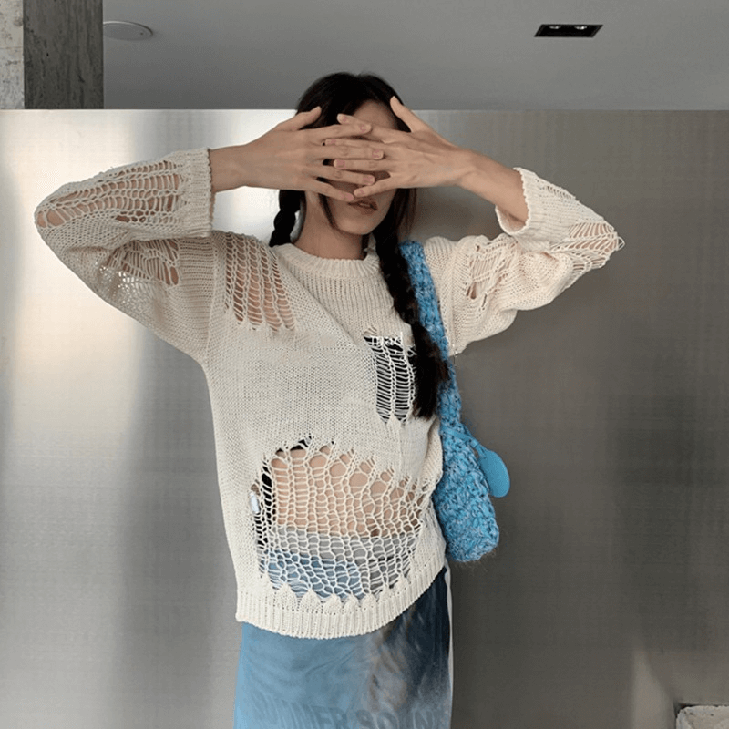 Gothic Hollow Out Oversized Knitted Sweater / Grunge Long Sleeves See-Through Pullovers