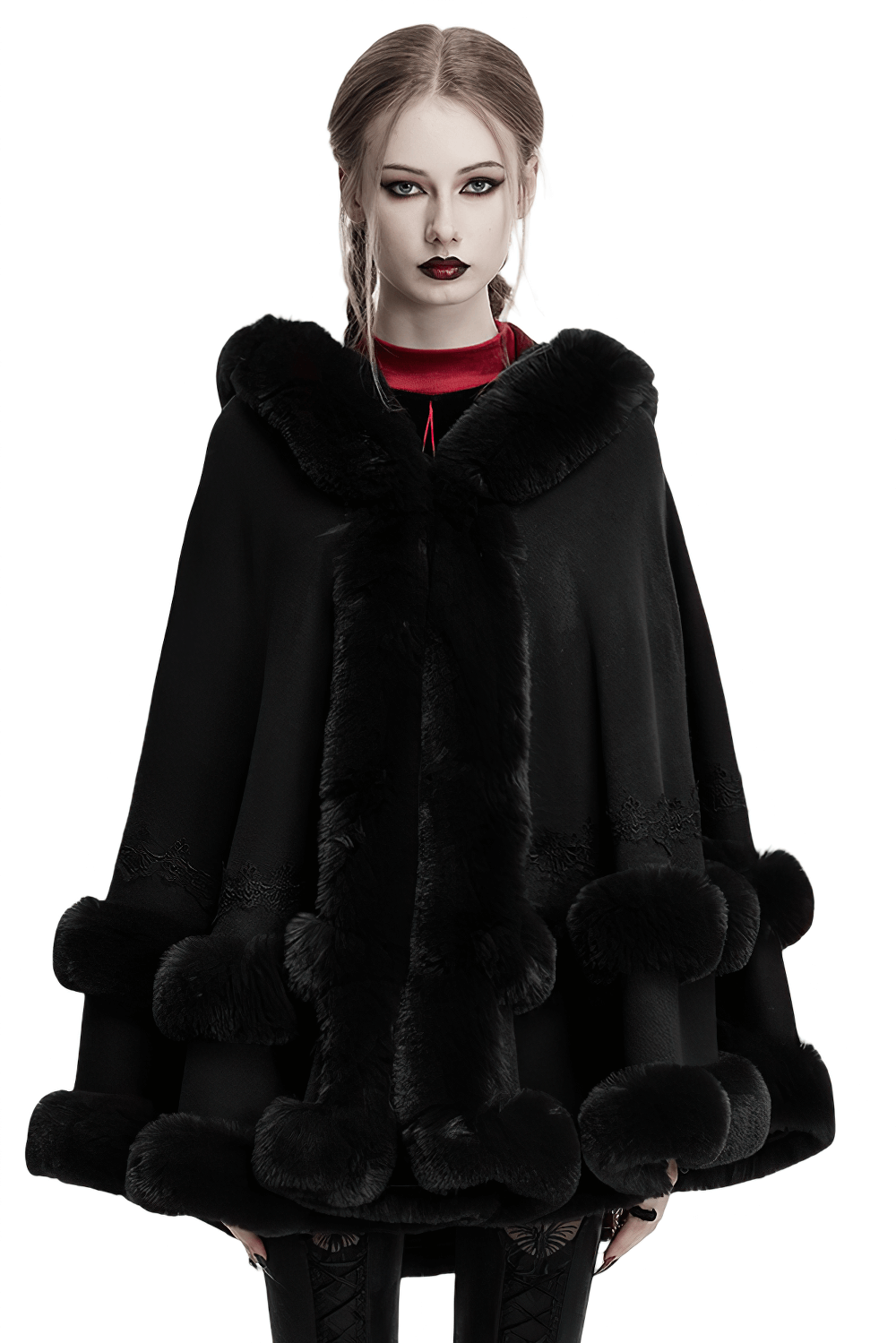 Gothic Hooded Cape with Faux Fur Trim and Lace Hem