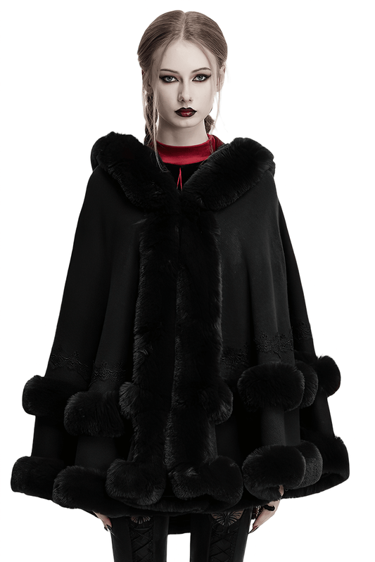 Gothic Hooded Cape with Faux Fur Trim and Lace Hem