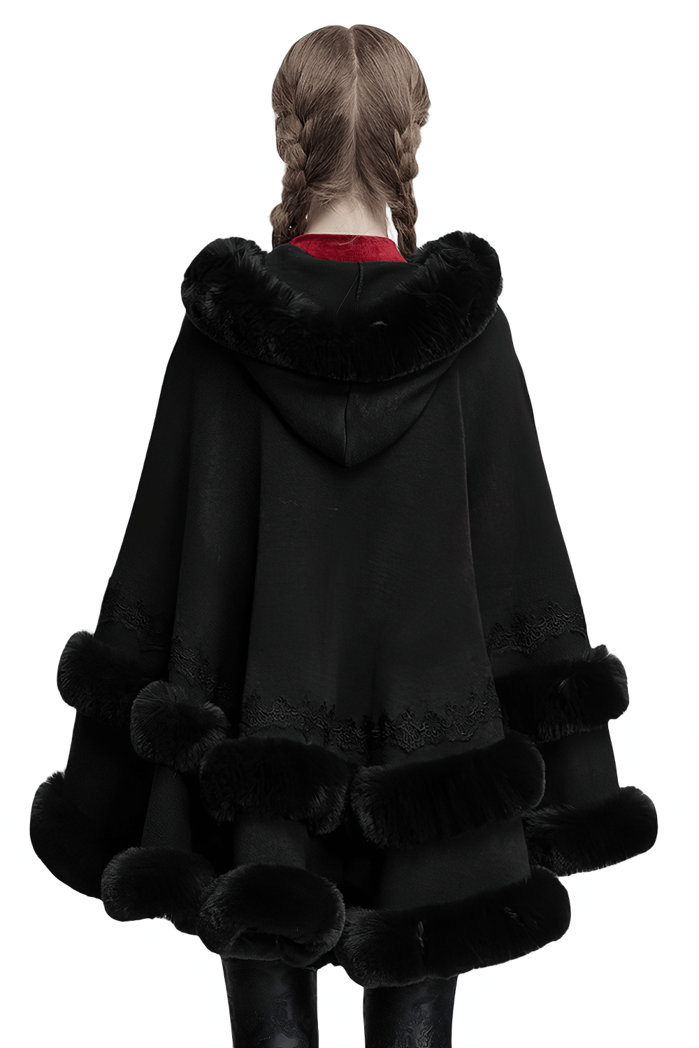 Gothic Hooded Cape with Faux Fur Trim and Lace Hem
