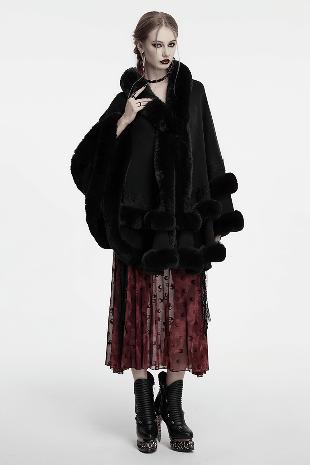 Gothic Hooded Cape with Faux Fur Trim and Lace Hem