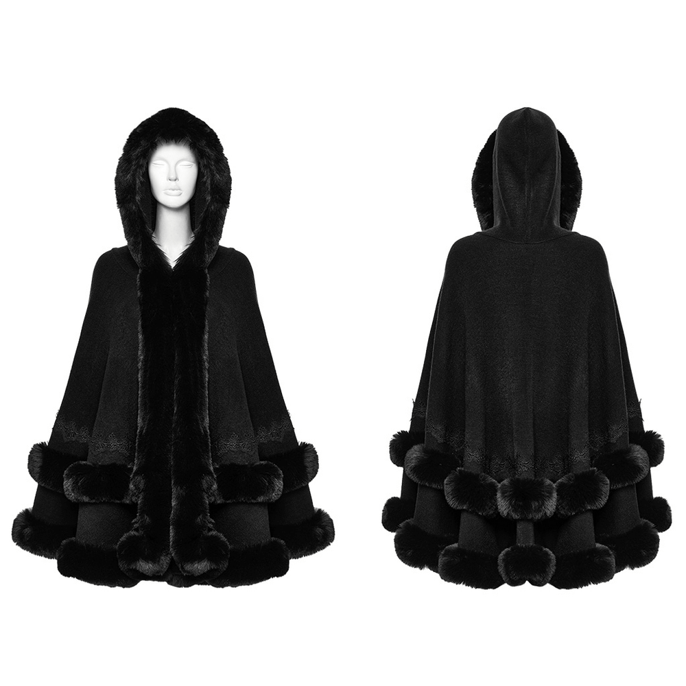 Gothic Hooded Cape with Faux Fur Trim and Lace Hem