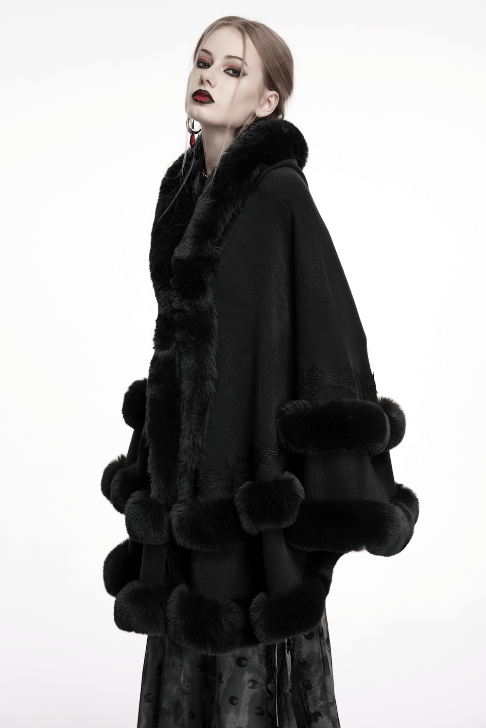 Gothic Hooded Cape with Faux Fur Trim and Lace Hem