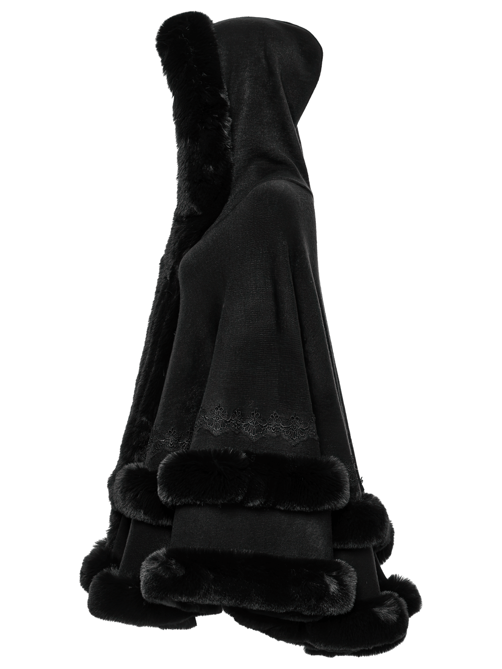 Gothic Hooded Cape with Faux Fur Trim and Lace Hem