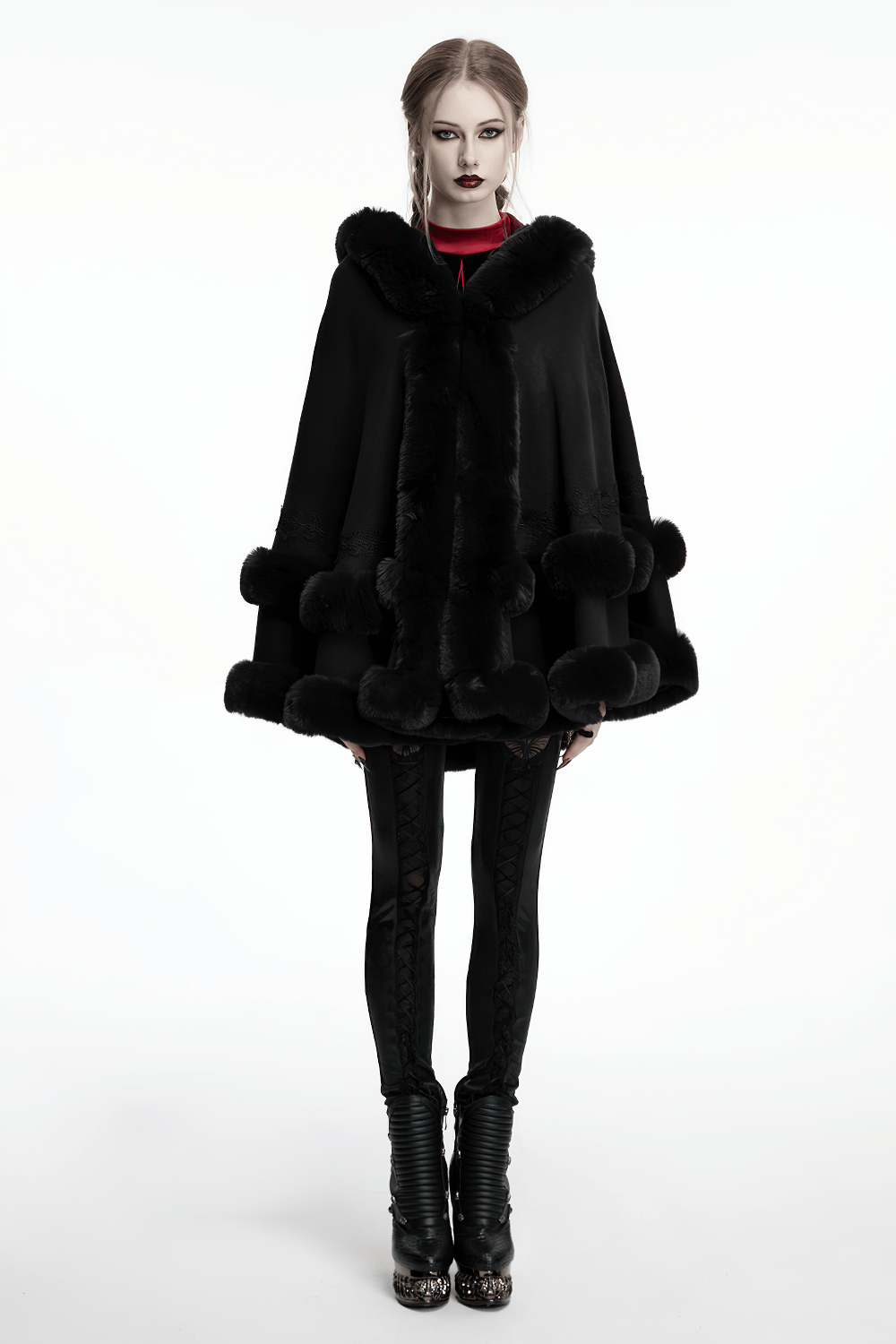 Gothic Hooded Cape with Faux Fur Trim and Lace Hem