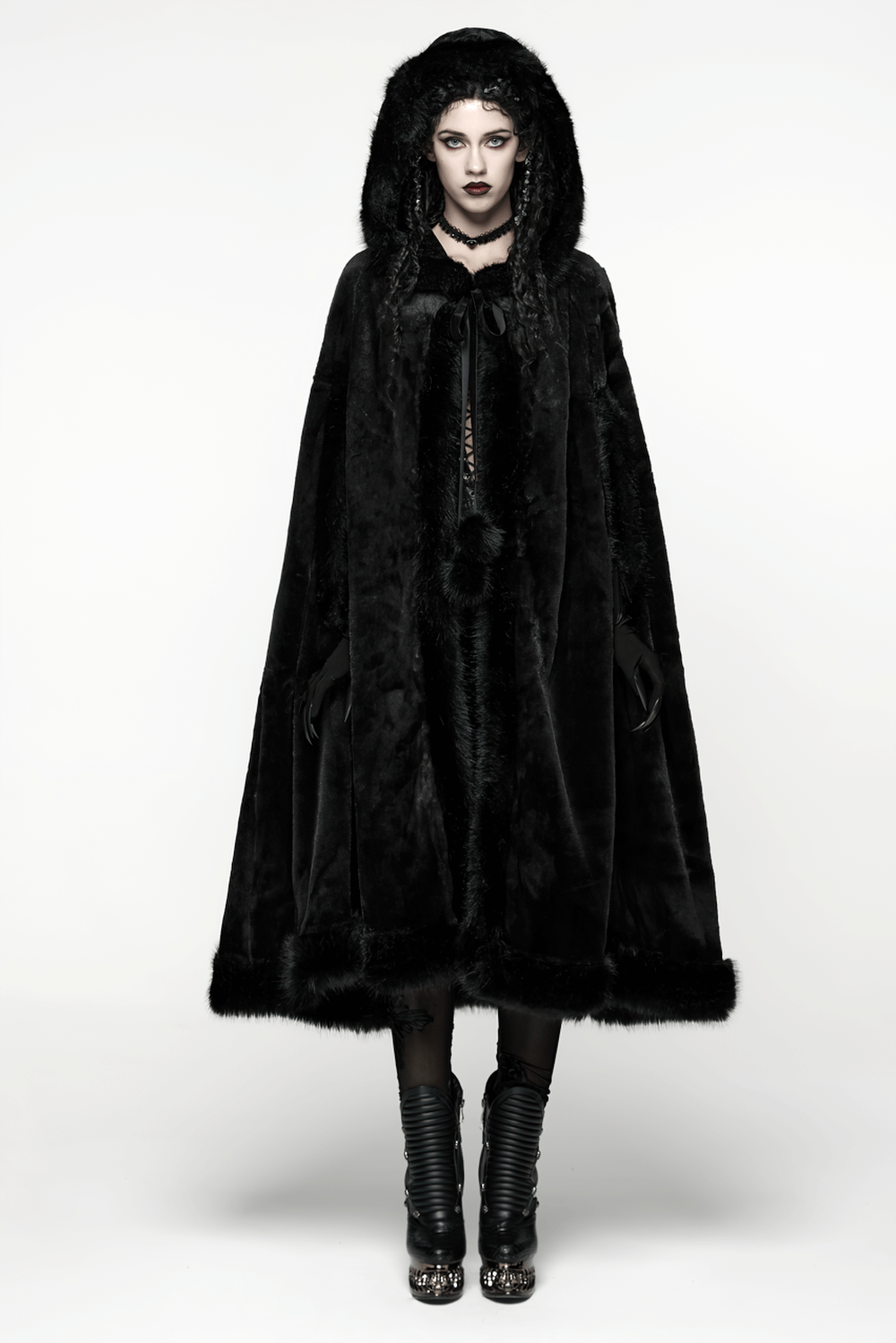 Gothic Hooded Cloak with Faux Fur Trim for Women