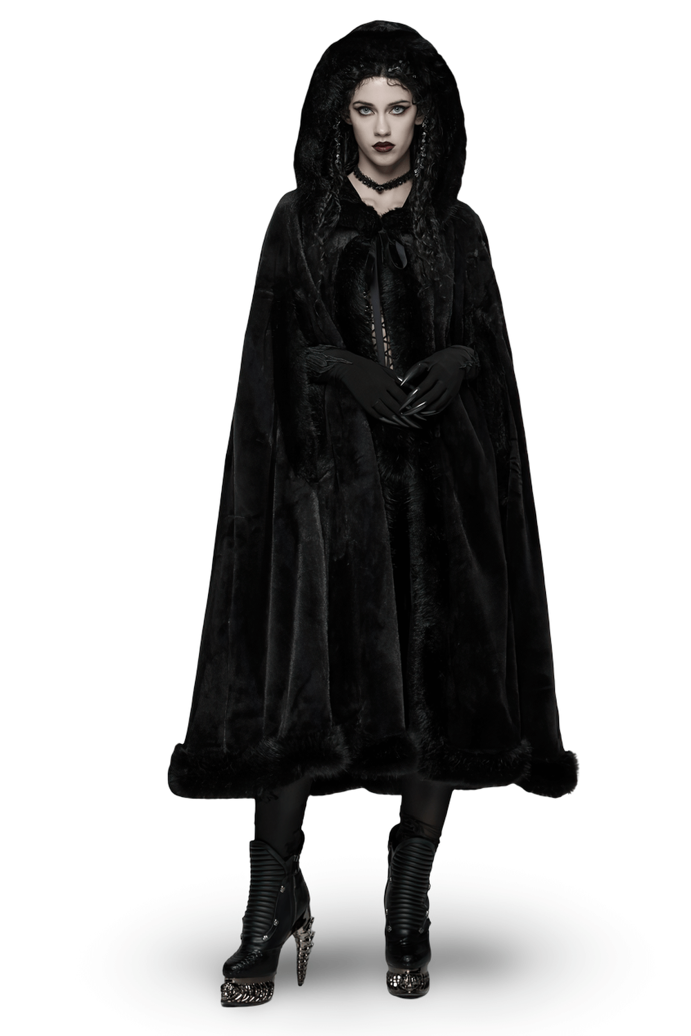 Gothic Hooded Cloak with Faux Fur Trim for Women