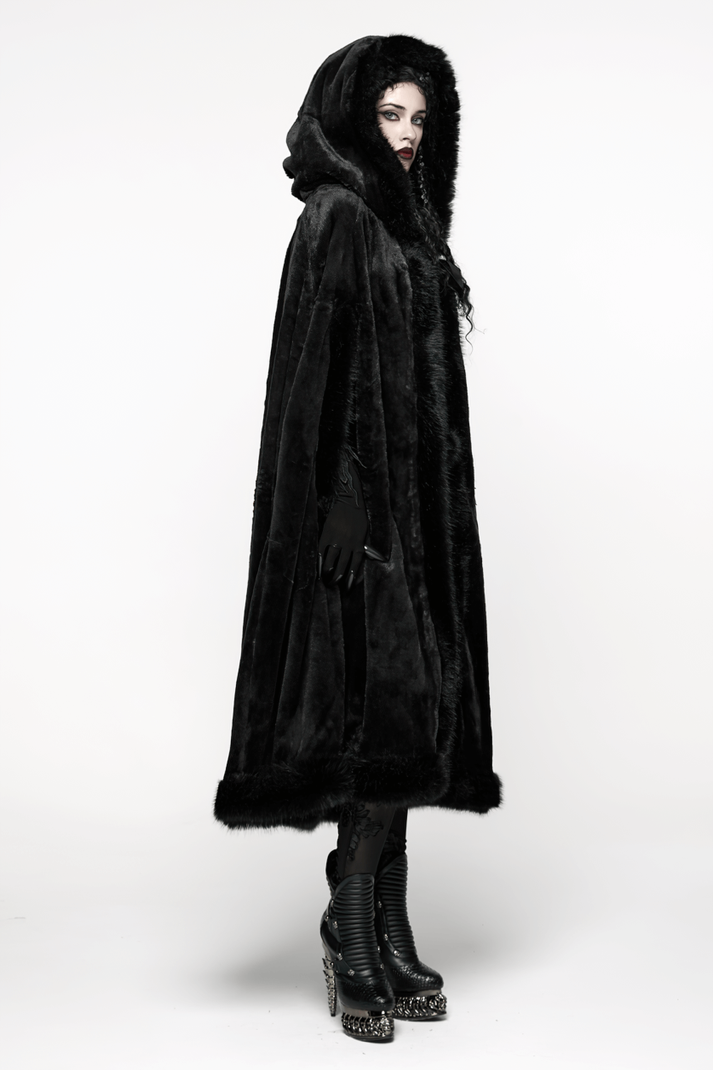 Gothic Hooded Cloak with Faux Fur Trim for Women