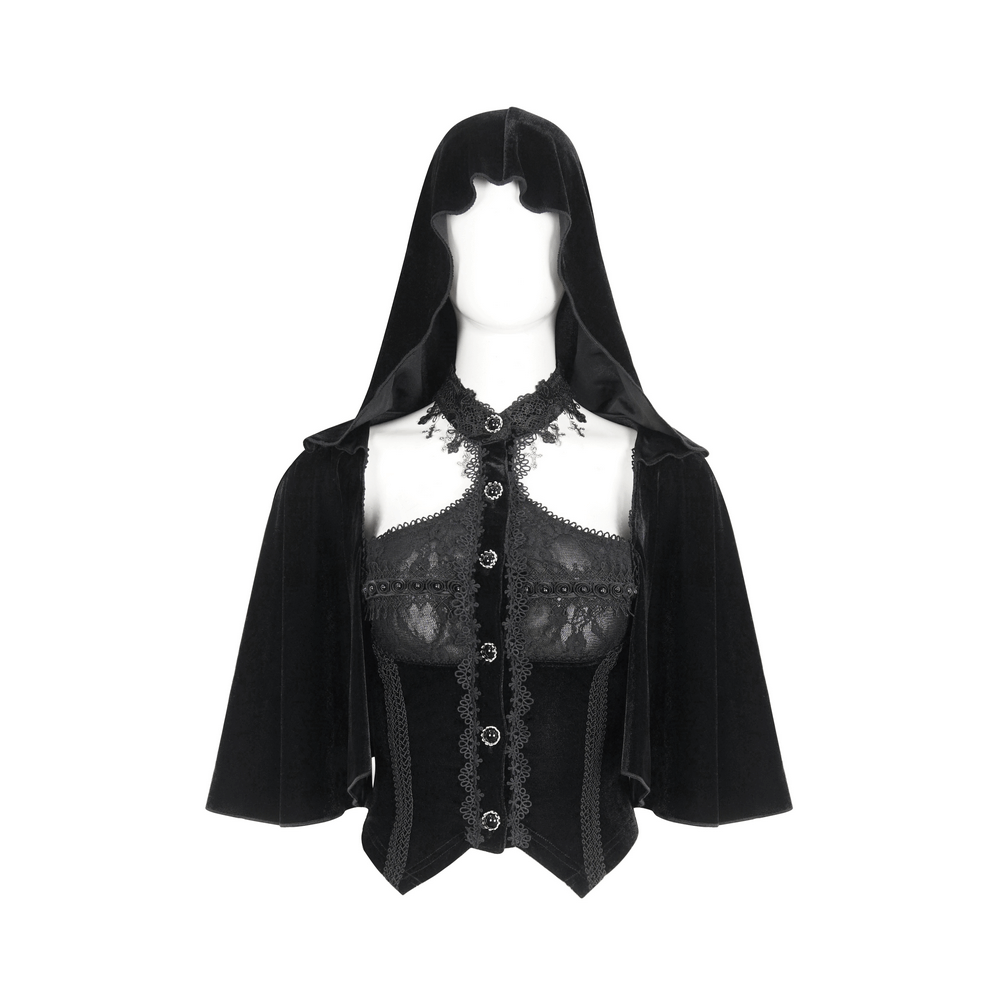 Gothic Hooded Top with Lace-Up Back and Lace Trim