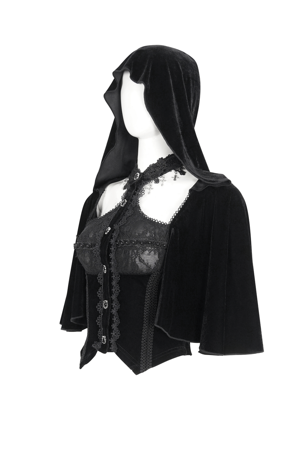 Gothic Hooded Top with Lace-Up Back and Lace Trim
