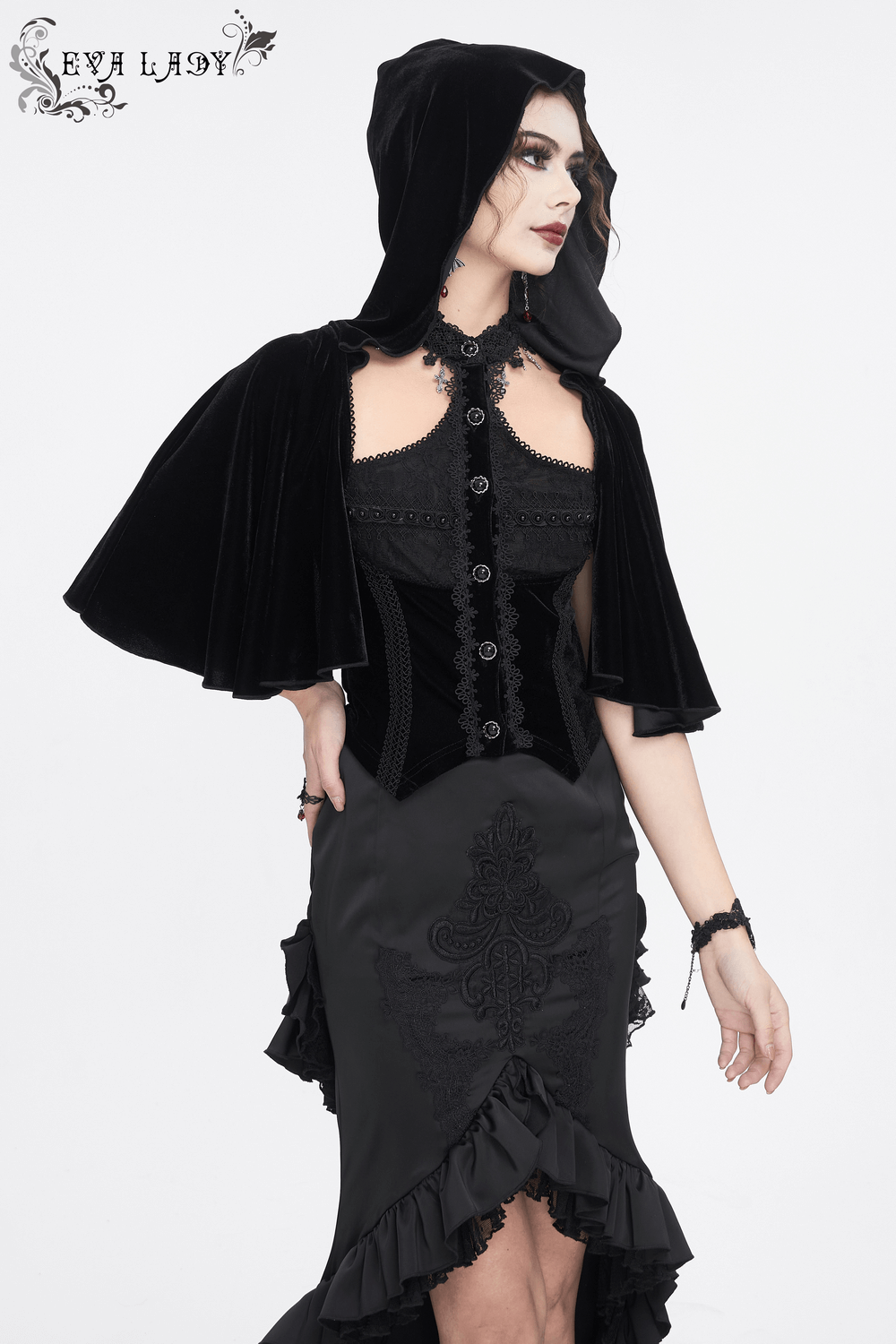 Gothic Hooded Top with Lace-Up Back and Lace Trim