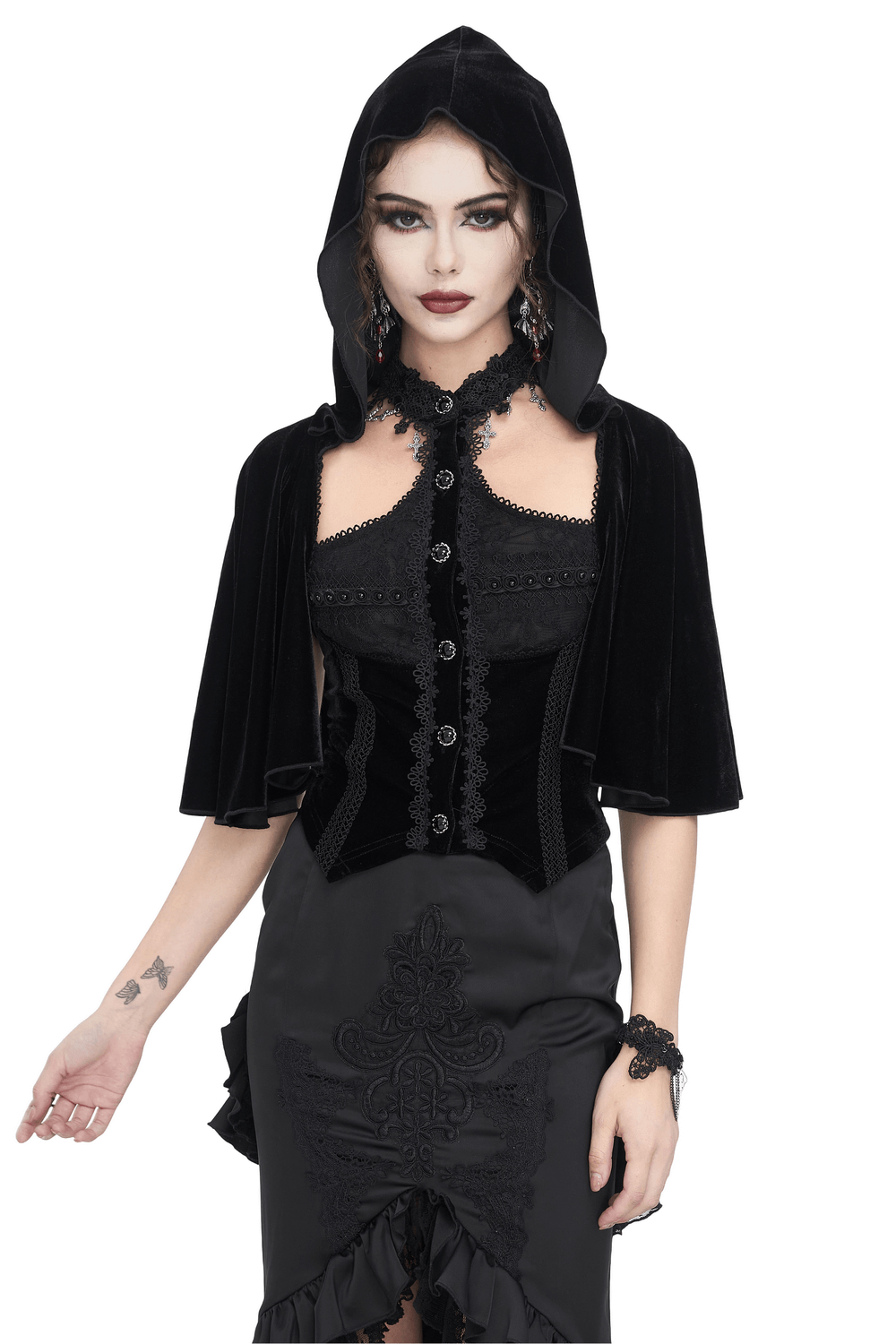 Gothic Hooded Top with Lace-Up Back and Lace Trim